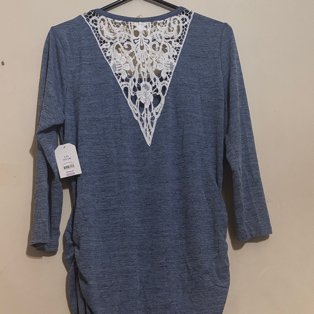 Faded Glory Heathered Blue Long-Sleeve Scoop Neck Top with Lace Back - Picture 2 of 7